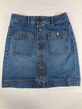 LOFT Denim Midi Skirt Size 0 Button Front Blue Jean Skirt High Rise 26 Waist